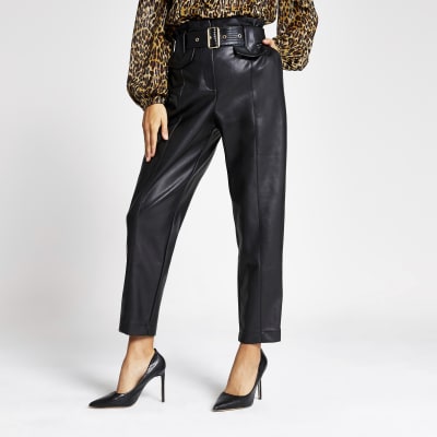 Black faux leather high waist belted trousers | River Island