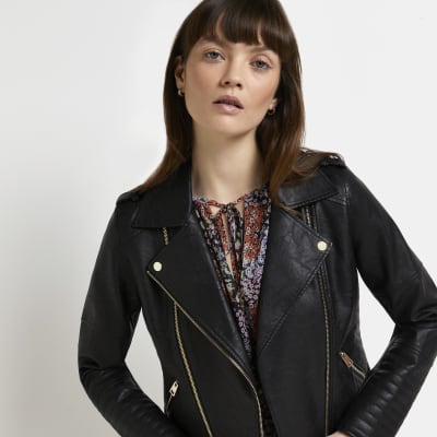 Black faux leather jacket | River Island