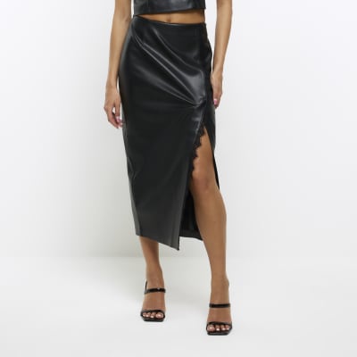 MISSGUIDED Petite PU Black Faux Leather Split Hem Straight