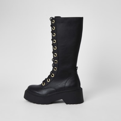Black faux leather lace up boots | River Island