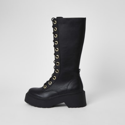 black faux leather lace up boots