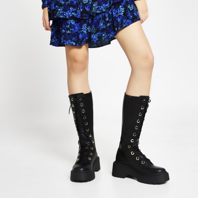 black faux leather lace up boots