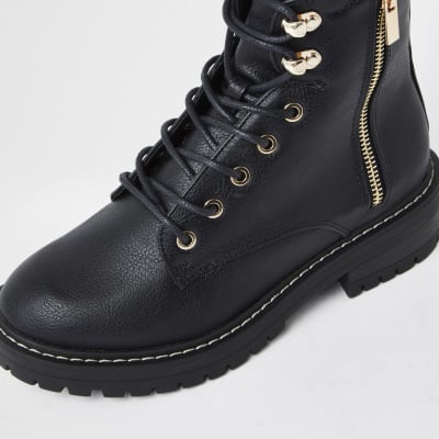 black faux leather lace up boots
