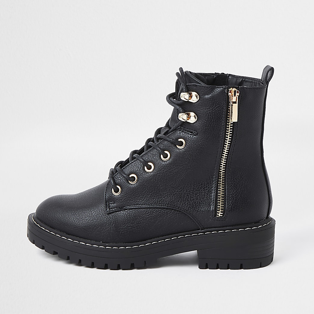 Black faux leather lace up chunky boots | River Island