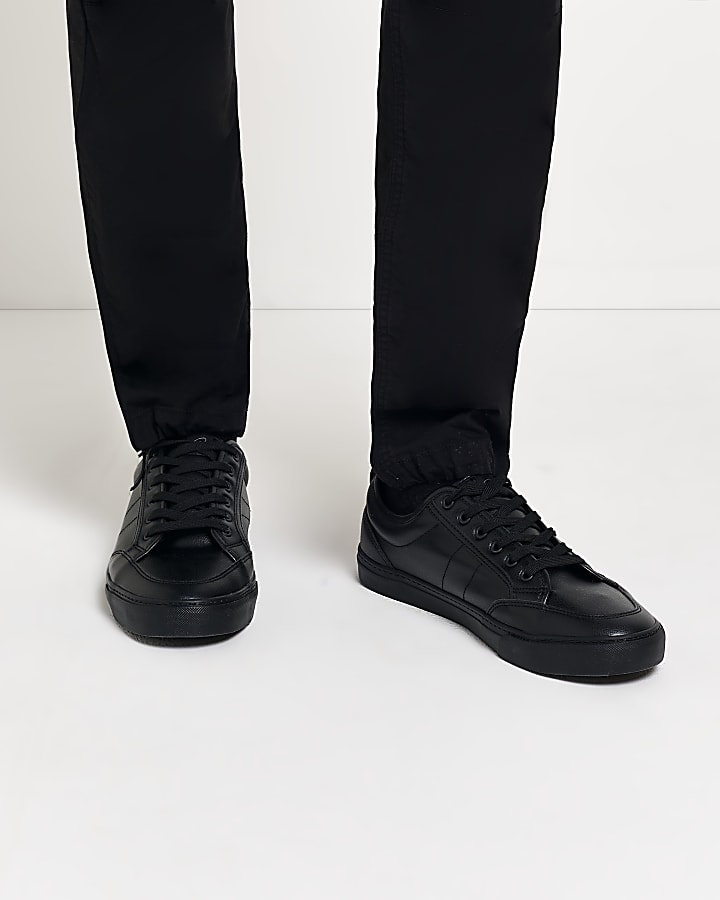Black Faux leather Lace Up Trainers