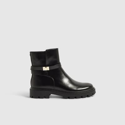 Faux Leather Lock Ankle Chunky Boots