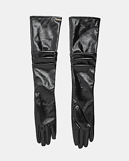 Black faux leather long gloves