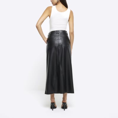 Irresistibly Fly Black Vegan Leather Midi Skirt