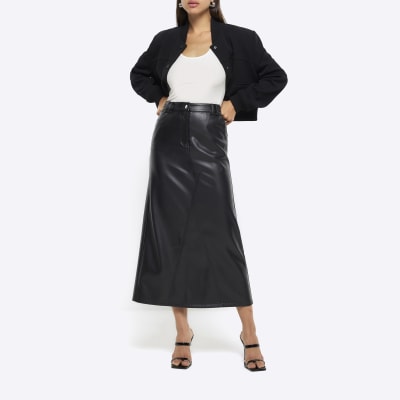 Black faux leather midi skirt