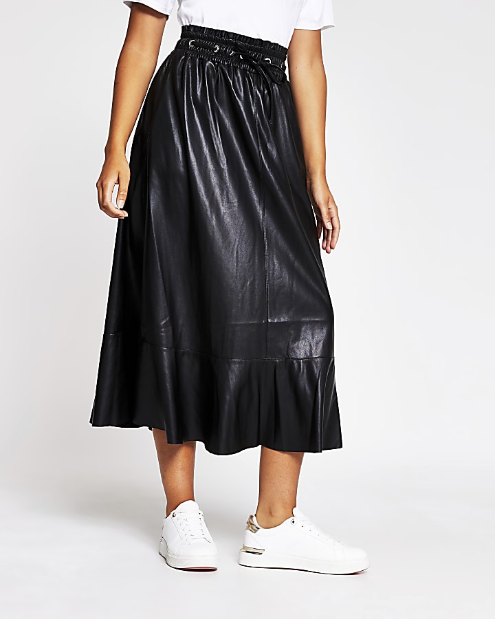 Black faux leather midi skirt