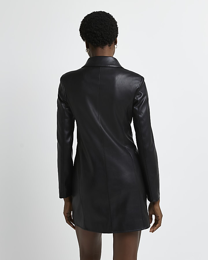 Black faux leather mini blazer dress