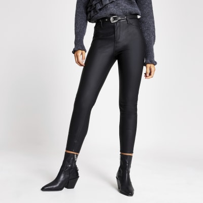 black faux leather jeans