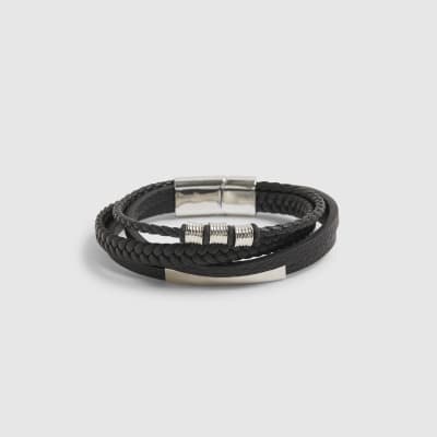 Black Faux Leather Multi Row Bracelet