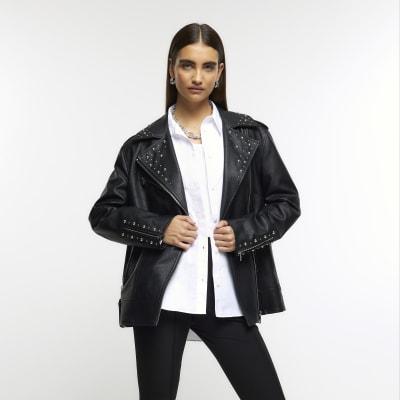 Black faux leather oversized biker jacket River Island