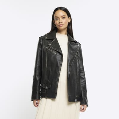 Black faux leather Oversized Biker Jacket | River Island