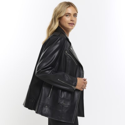 Black faux leather oversized biker jacket | River Island
