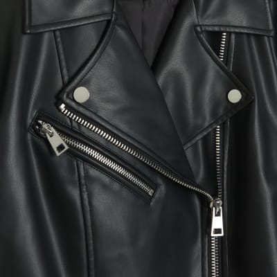 Black faux leather oversized biker jacket River Island