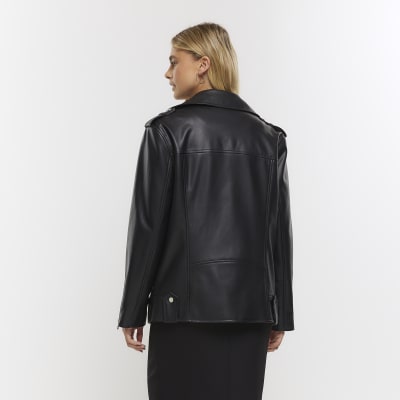 Black faux leather oversized biker jacket | River Island
