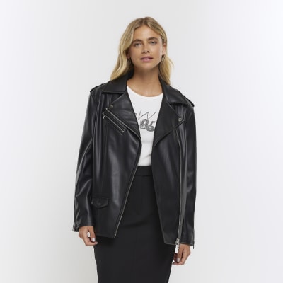 Black faux leather oversized biker jacket | River Island