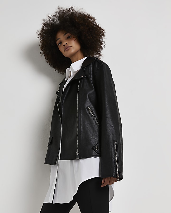 Black faux leather oversized jacket