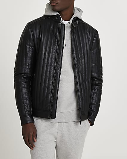 Black faux leather panelled racer jacket