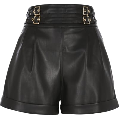 Black faux leather paper bag shorts | River Island