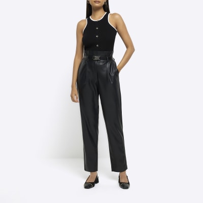 black faux leather paperbag trousers