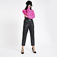 Black faux leather paperbag waist trousers