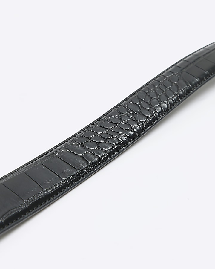 Black faux leather patent buckle belt | River Island