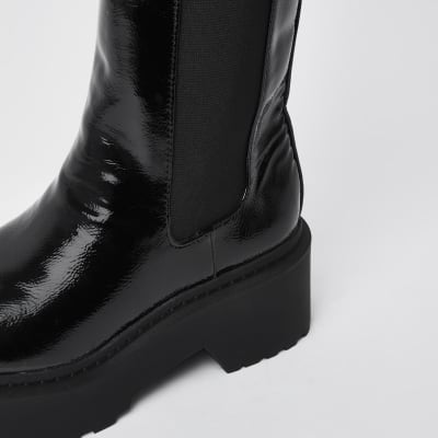 black patent chunky boots