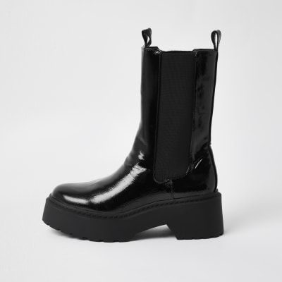 black chunky faux leather boot