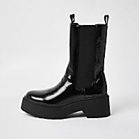Black faux leather patent chunky boots