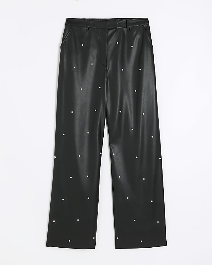 Black faux leather pearl detail trousers | River Island