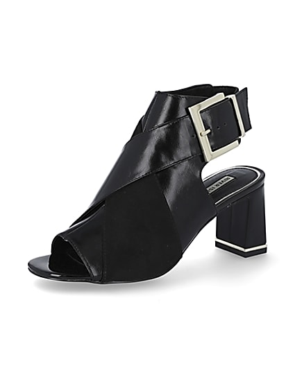 360 degree animation of product Black faux leather peep toe shoe boot frame-1