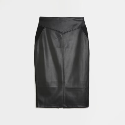 Black faux leather pencil skirt | River Island