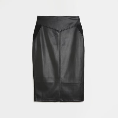 Black leather look clearance pencil skirt river island