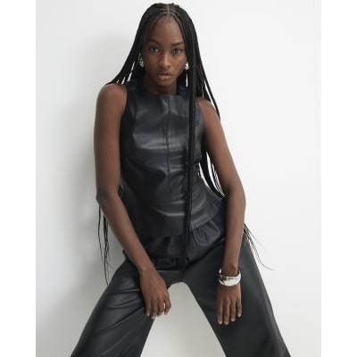 Black Faux Leather Peplum Shell Top