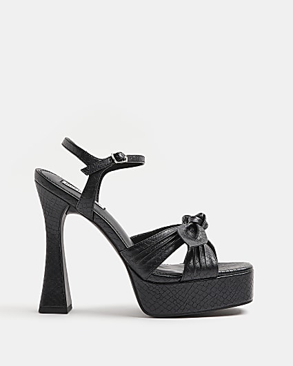 Black faux leather platform heeled sandals