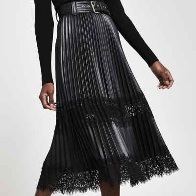 Black Faux Leather Pleated Lace Midi Skirt River Island 4644