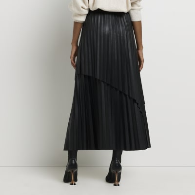 Black faux leather pleated maxi skirt | River Island