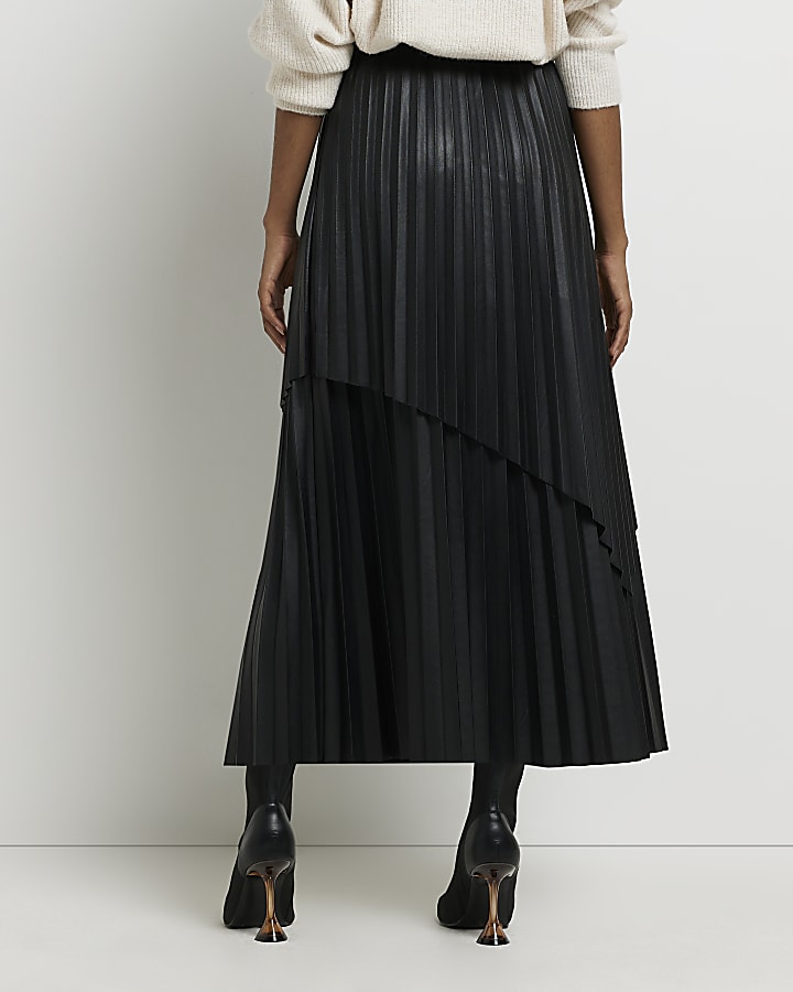 Black faux leather pleated maxi skirt