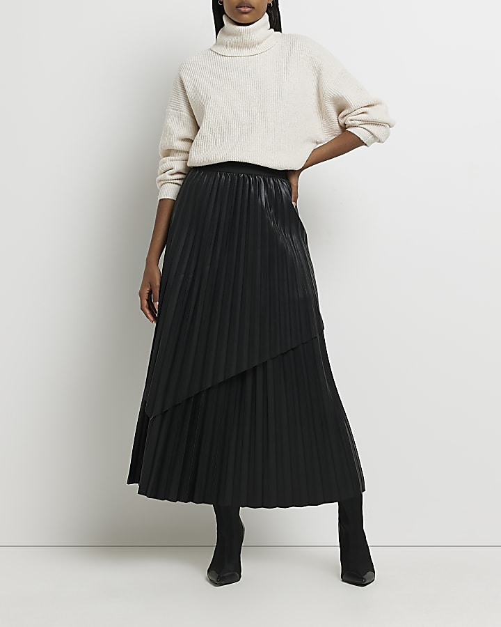 Black faux leather pleated maxi skirt