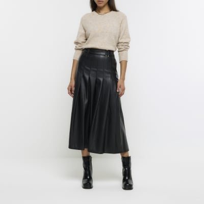 Black faux leather pleated midi skirt | River Island