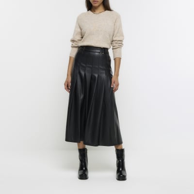 Black faux leather pleated midi skirt