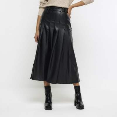 Black faux leather shop pu pleated midi skirt