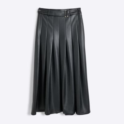 Black Faux Leather Pleated Midi Skirt River Island