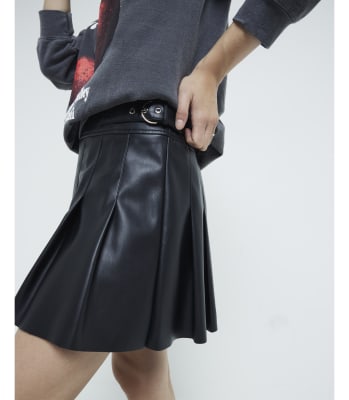 Black faux leather pleated mini skirt River Island