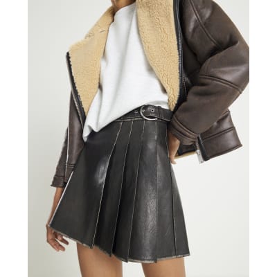 Black Faux Leather Pleated Mini Skirt
