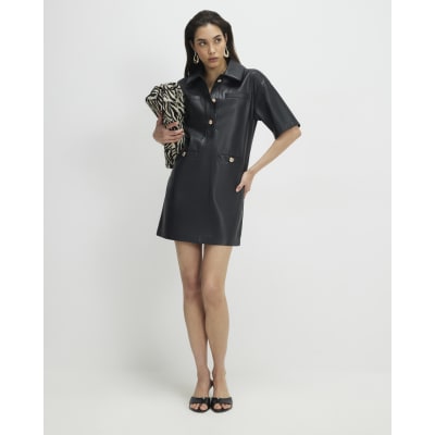 Black Faux Leather Pocket Detail Shirt Dress
