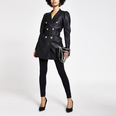 Black faux leather puff sleeve belted blazer